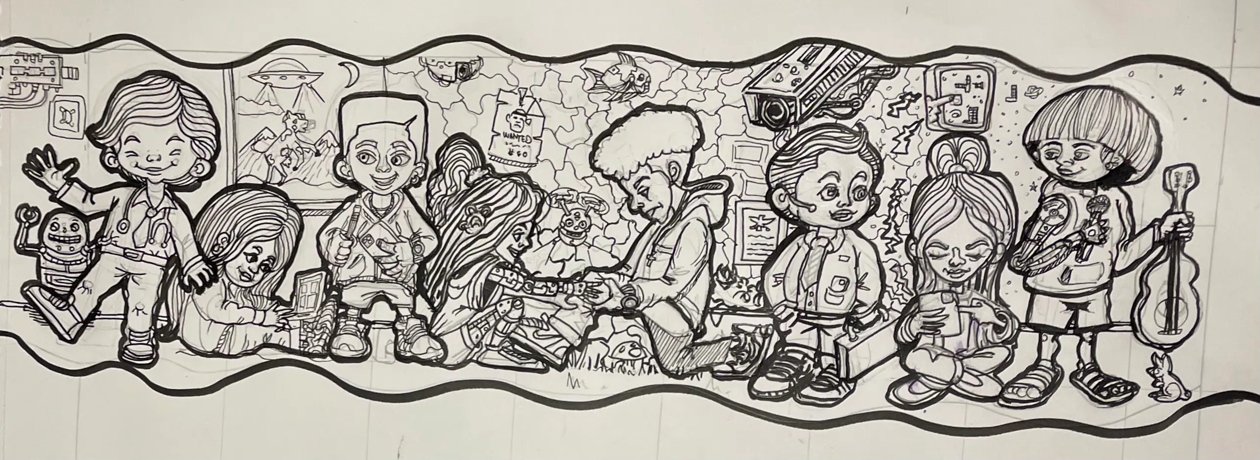Ink-stage character illustration showing linework development