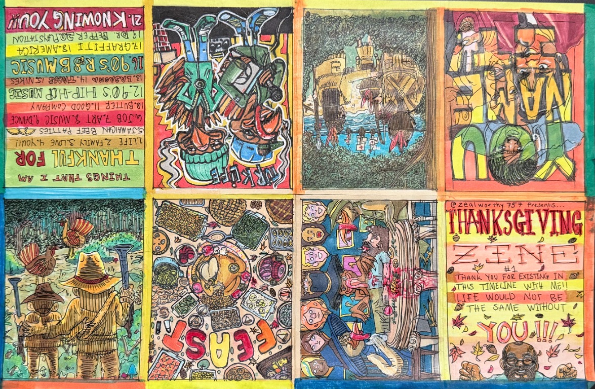 Four-panel collage of colorful illustrated scenes