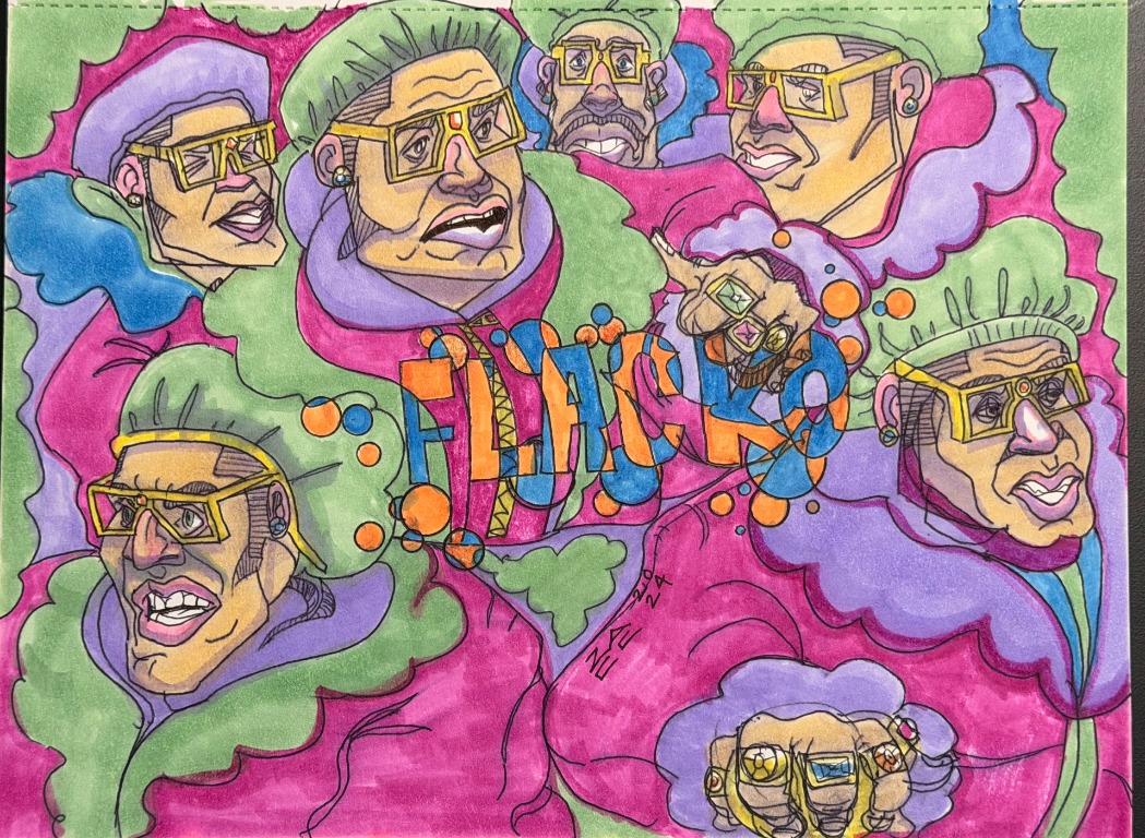 Colorful cartoon characters gathered in purple clouds