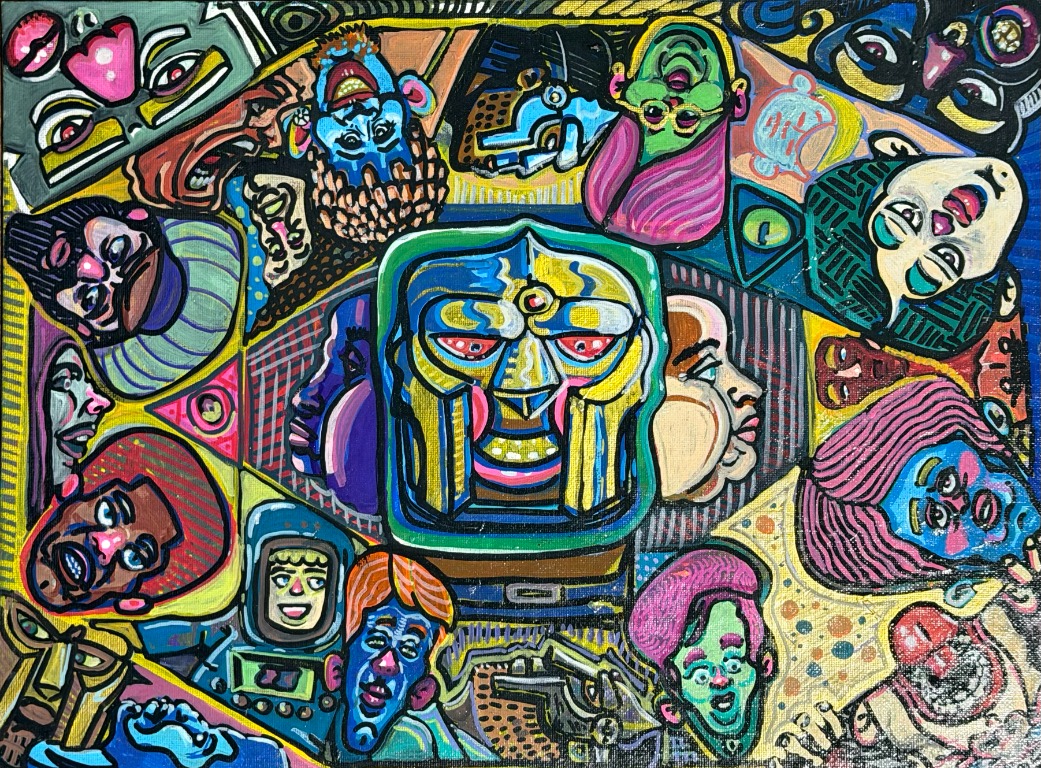 Collage of cartoon faces, robots, and alien figures