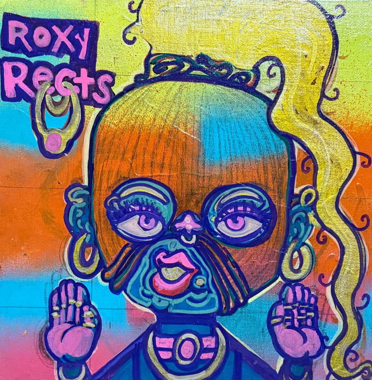 Roxy Rects Zealworthy Colorful painted portrait of Roxy Rects Zealworthy with the word Roots