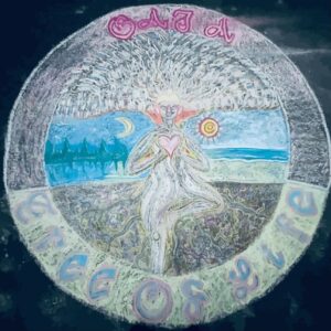 An anthropomorphic tree doing a tree pose. Celestial bodies on either side of her.